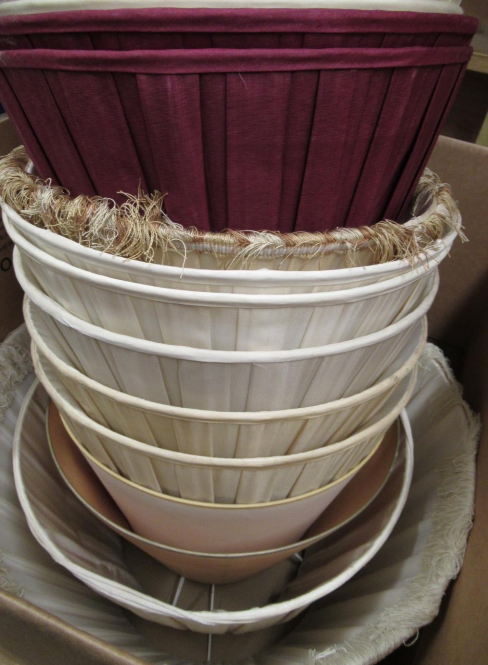 Eleven pleated cotton and other standard lamp shades (2 boxes) estimate