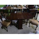 1950s mahogany drop leaf gate-leg dining table (open width 142cm, D90cm, H90cm), and a set of four