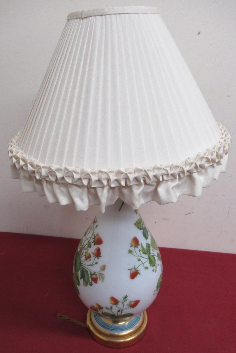 20th C opaline glass table lamp, baluster body decorated with hand painted strawberries, with