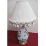 20th C opaline glass table lamp, baluster body decorated with hand painted strawberries, with