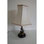 Early 20th C lacquered brass table lamp, fluted column, on circular slag glass base