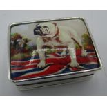 Small Sterling silver rectangular pill box, lid enamelled with a Bulldog, stamped Sterling, W3cm