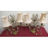 Pair of 20th C continental gilt metal two branch table lamps, hung with faceted drops H34cm (2)