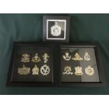 Three small framed and mounted displays of British military cap badges, various regiments