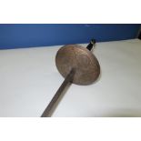 Late 19th C Spanish fencing foil with discus shaped guard and ribbed wooden grip with urn shaped