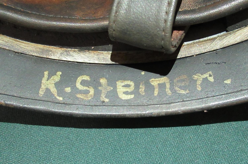 German para medic steel helmet, the inside with painted detail K. Steiner with modern liner and chin - Image 2 of 2