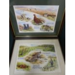 Pair of mounted prints depicting driven partridge and grouse with a montage of events (45cm x 55cm)