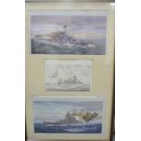 Framed set of three limited edition HMS Hood prints No238/350 by SN Fisher 68cm 105cm