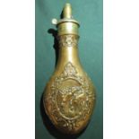 Late 19th C powder flask marked Sykes patent, embossed with triple horse heads.