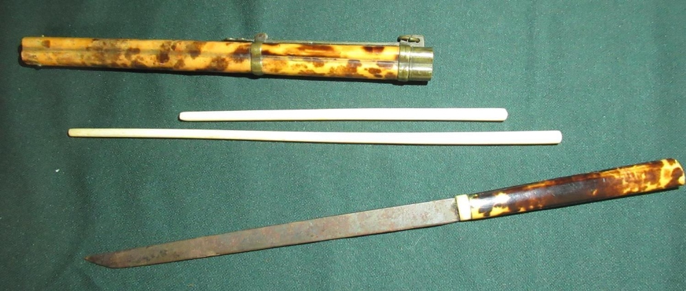 19th C Japanese Chatelaine type knife and chopstick carrier with faux tortoiseshell bamboo case, - Image 2 of 2