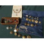 Collection of military buttons and badges, set of five civil defence badges etc, observer book of