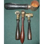 Set of 3 brass powder measures and a large stainless steel measure (4)