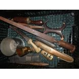 Collection of tribal knives, tri form socket bayonet, Lee Enfield frog, piece of trench art and