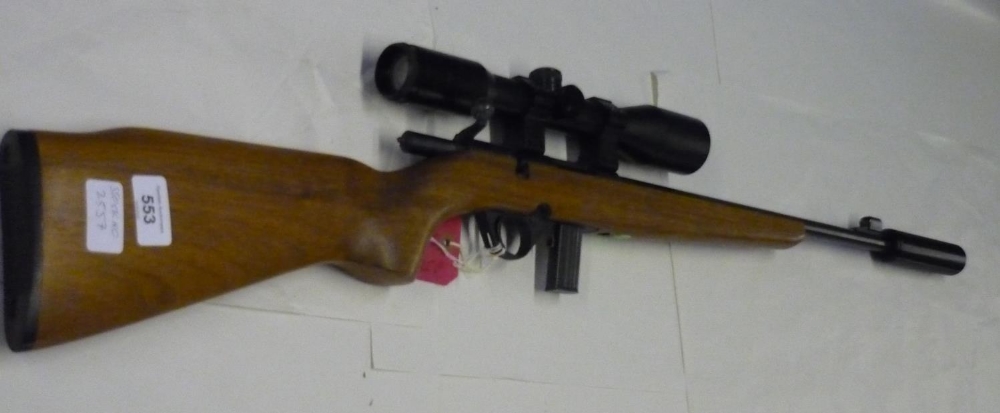 Magtech 8122 bolt action .22 rifle fitted with sound moderator and Leapers 6x42 scope, serial no.