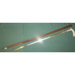 Early - mid 20th C walking sword cane with plated dolphin head grip, 24.5 inch blade, with leather