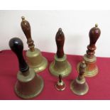 Town Criers hand bell with turned rosewood handle H26.5cm, four other hand bells, former property of