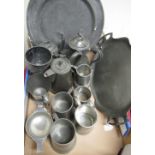 Art Nouveau pewter two handled tray W44cm, 18th C pewter circular charger, a Scottish pewter