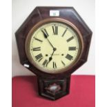 Late 19th Early 20th C Ansonia American drop dial wall clock, stained walnut case with two train