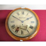 Routley of Croydon late 19th C dial clock in golden oak case (converted to quartz) D39cm.