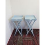 Pair of Cally and Co blue finish butlers trays on folding stands W50cm D38cm H75cm (2)