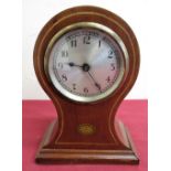 Edwardian inlaid mahogany balloon clock, lacquered brass bezel & silvered dial, English movement