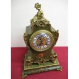 Late 19th C French rococo style mantel clock, painted case with rose decoration and applied gilt