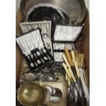 EPNS Art Deco oval tray, three sets of EPNS boxed cutlery, other EPNS cutlery, antler handled