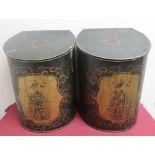 Pair of 20th C toleware bedside storage bins with lift up lids and painted decoration H45cm x D31cm