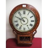 Late 19th Early 20th C American drop dial wall clock, figured walnut case with Tunbridge ware