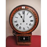 Late 19th Early 20th C Superior American inlaid walnut drop dial wall clock, two train movement