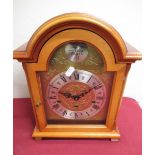 20th C mahogany finish Georgian style bracket clock, brass break arch dial with silvered chapter,