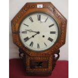 Late 19th Early 20th C American drop dial wall clock, walnut case with Tunbridge ware banding, two