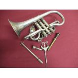 Early 20th C plated cornet, mouth piece stamped Hawkes & Son London, Hawkes I model with clip on