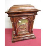 Early 20th C mahogany cased mantel clock, architectural case with engraved arched brass dial and