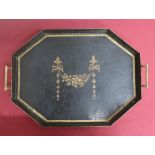 20th C toleware hexagonal tea tray with ribbon and garland decoration 54cm x 39cm