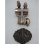 Pair of EPNS Owl napkin rings, another Mouse and an Indian belt buckle, (4)