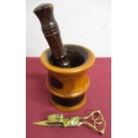 Lignum Vitae pestle and mortar and pair of Victorian brass candles snuffers