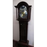 Late 20th C Georgian style mahogany cased long case clock, brass finish break arch dial with moon