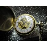 Swiss, retailed by W Rusbridge of Scarborough, gold plated hunter pocket watch, skeletonised