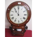 Late 19th C American drop dial wall clock, walnut case inlaid with white metal and mother of pearl