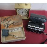 Rapport gilt mantel clock H12cm, Kodak Instamatic 104 camera in original case, a set Chard 60B