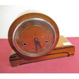 1930s mahogany cased inlaid mantel clock skeletonised chaptering enclosed by chrome coated bezel,