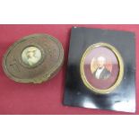 Small early 19th C bronze oval box, hinge lid inset with a study of a young girl W10cm and a small