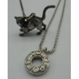 Modern silver hallmarked cat pendant, stamped 925 on chain, and a silver Polo mint pendant on