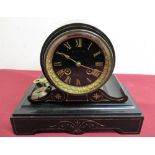 French 19th C slate mantel clock, drum head on scrolled stepped base with gilt decoration, two train