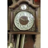Late 20th C Eurobell wall clock, oak case with carved and half turned pillars and applied bass
