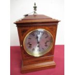 20th C inlaid mahogany Georgian style bracket clock circular silvered dial, retailed by Sewels,