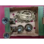 Two Rococo style brass easel photograph frames, pair of anodised candlesticks and similiar chamber