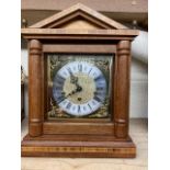 20th C Victorian style mahogany architectural inlaid mantel clock , brass dial with silvered