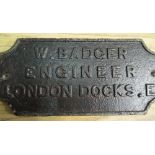 20th C rectangular cast iron plaque W.Badger Engineer London Docks. E, 36 x 16.5